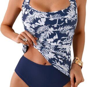 Comfort Fit Women's Tummy Control Tankini - Large Navy Blue Leaf Design